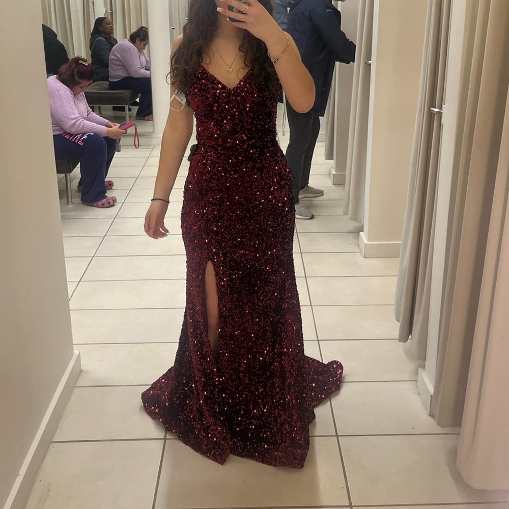 Camille La Vie Burgundy Sequin Prom Dress